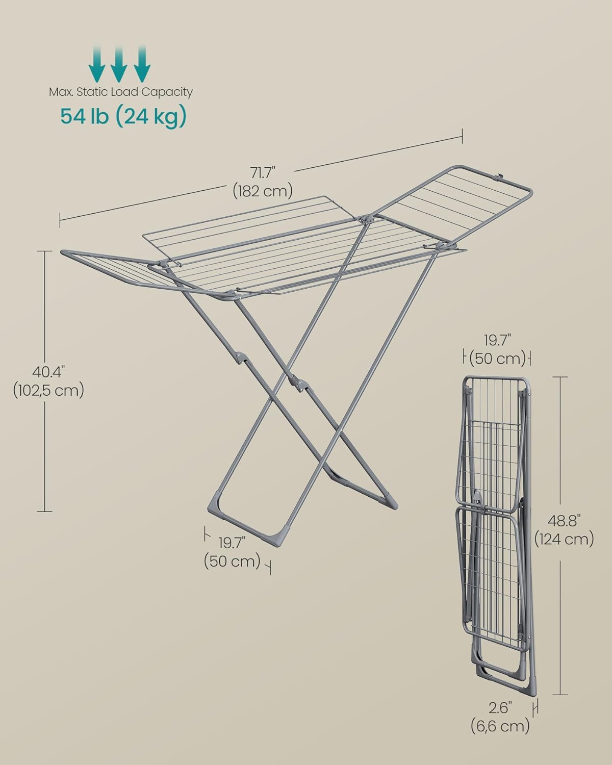 SONGMICS Clothes Drying Rack, Metal Laundry Drying Rack, Foldable, Space-Saving, Free-Standing Airer, with 4 Gullwings, Indoor Outdoor Use, Bed Linen Clothing, Gray ULLR541G01