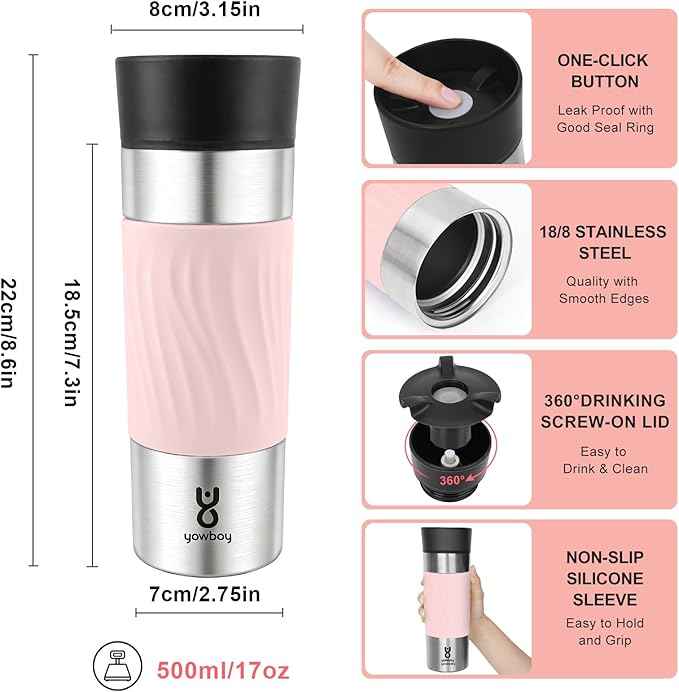 Travel Coffee Mug with 360°Lid, Travel Coffee Tumbler 16 oz Leak Proof, Stainless Steel Insulated Travel Mugs for Hot and Cold Spill Proof Leak Proof(Pink)