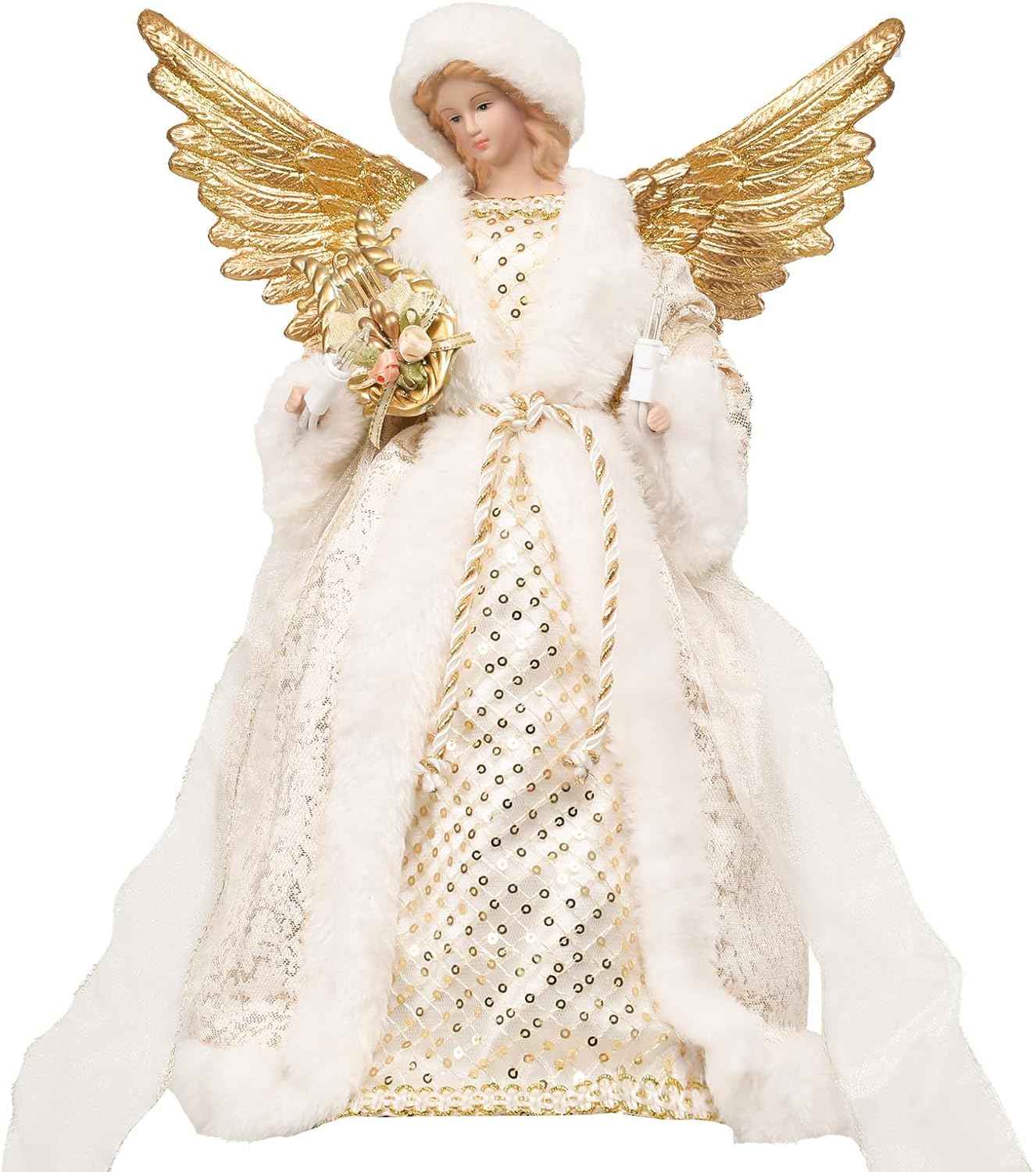 Angel Tree Topper with Lights, 12 Inch Christmas Tree Topper Angel Figurine with Lyre Christmas Tree Angel Treetop for Indoor Home Holiday Party, Champagne Gold