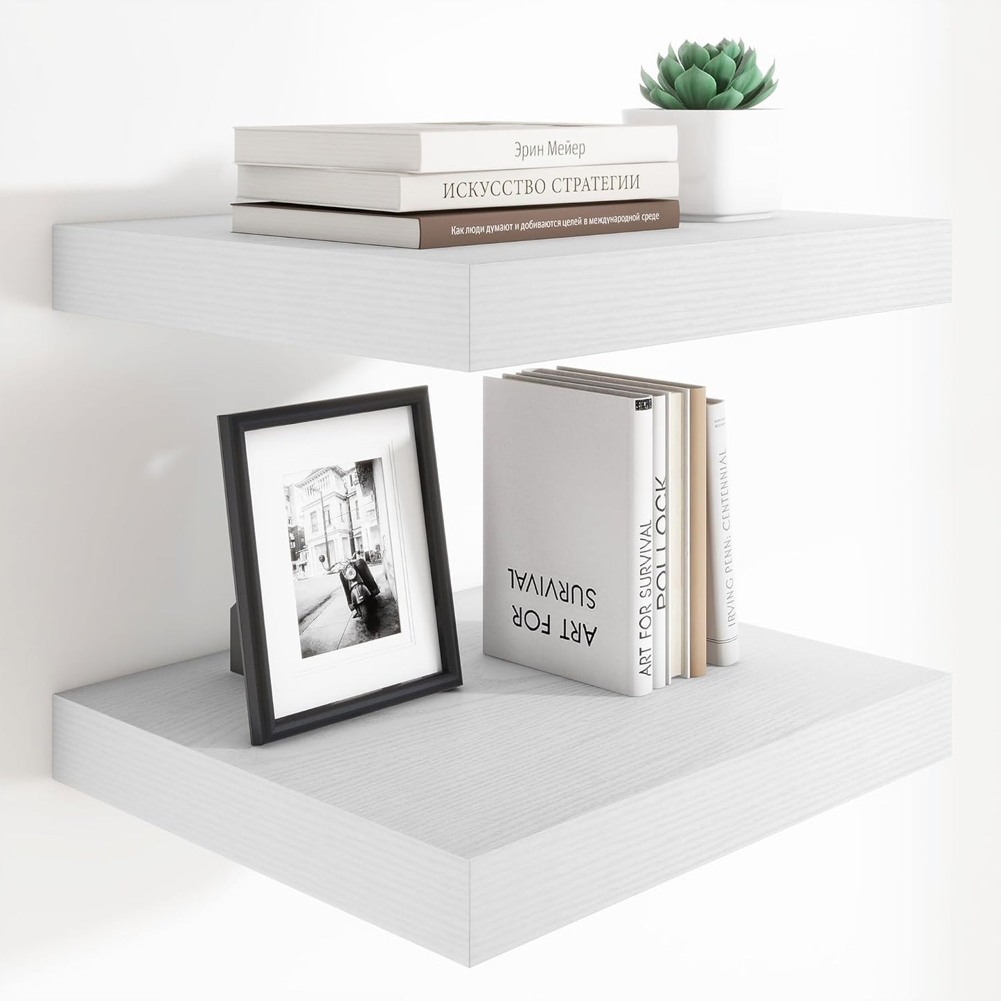 Heimlove 12 Inch Deep Floating Shelves, 16 x 12 inches Long Wall Shelf, Large Extra Display Shelf & Storage Shelf, Rustic Wood Wall Shelves for Fireplace Mantel, White - 2Pack