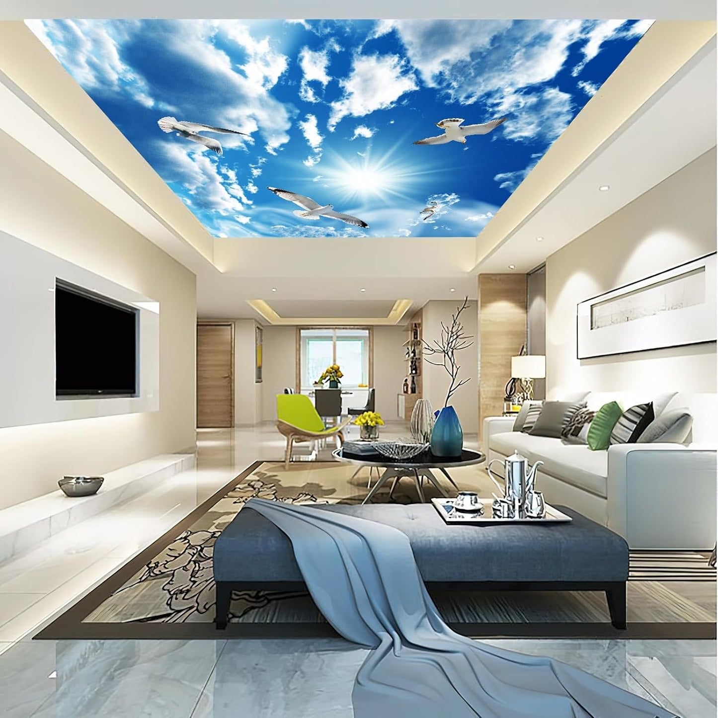 Blue Sky, White Clouds, Sunshine Seagull Ceiling Wall Mural Wallpaper 137" x 100"