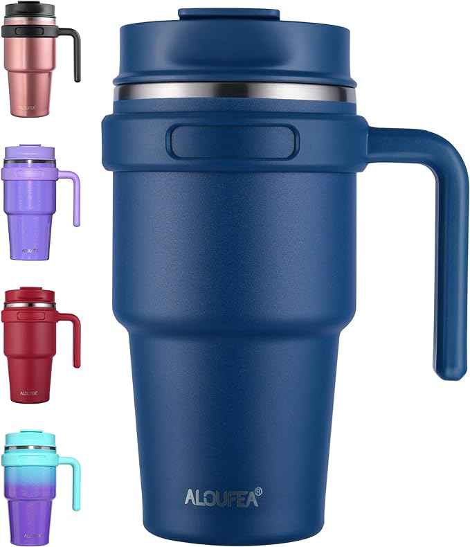 20 oz Insulated Coffee Mug Tumbler with Handle, Stainless Steel Travel Mug Tumbler with Lid and Straw,Double Wall Vacuum Leak Proof Ice Coffee Thermal Cup, Navy