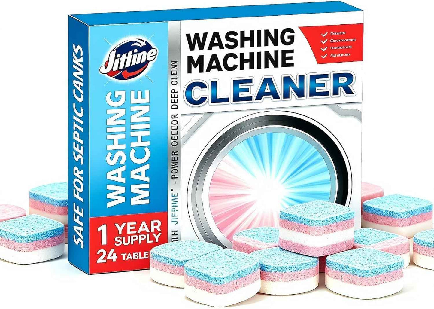 Washing Machine Cleaner Descaler 24 Pack, washing machine cleaning tablets deep Cleaning for HE Front Loader & Top Load Washer, Septic Safe Deodorizer,Clean Drum and Tub Seal,12 Month Supply