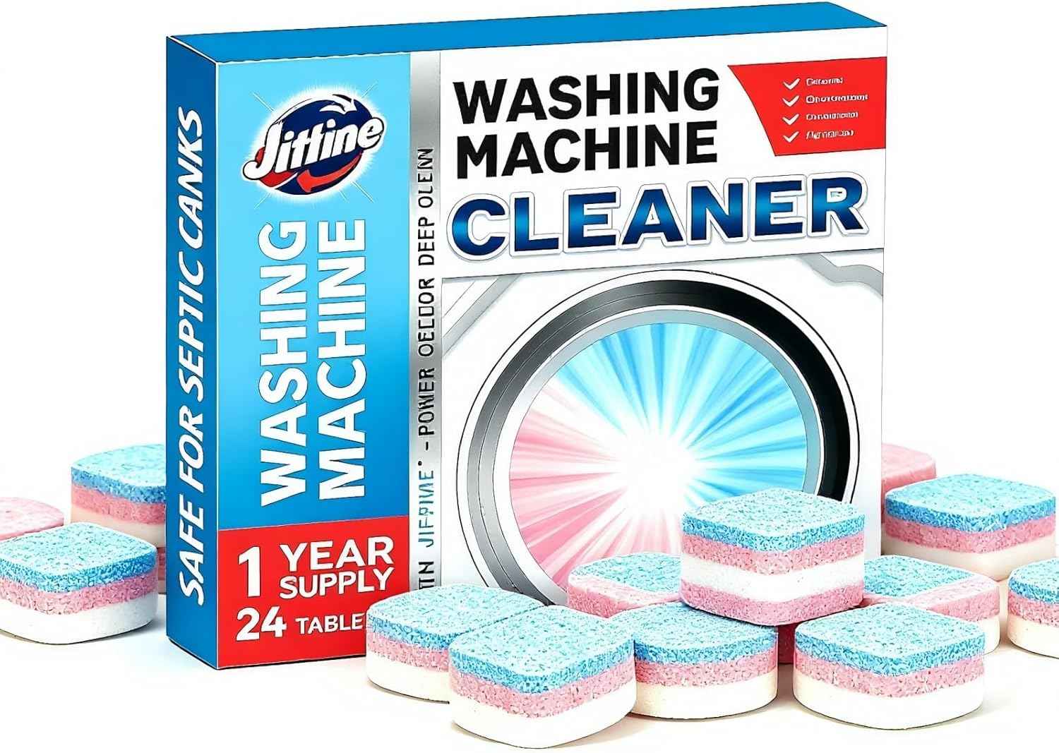 Washing Machine Cleaner Descaler 24 Pack, washing machine cleaning tablets deep Cleaning for HE Front Loader & Top Load Washer, Septic Safe Deodorizer,Clean Drum and Tub Seal,12 Month Supply