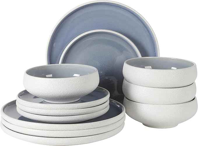 Gibson Elite Pacifco Beach Plates and Bowls Sets, 12-Piece Stoneware Dinnerware Sets, Reactive Glaze Dish Set - Blue