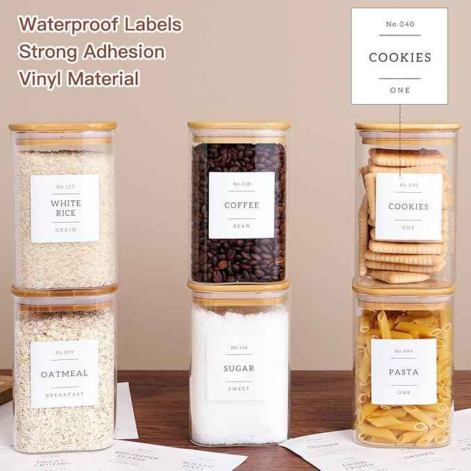 CZZGSM 6 Pack Square Kitchen Storage Jars with Airtight Bamboo Lids and 132 Pantry Labels - 35oz Glass Canisters With Wood Lids - Food Storage Containers for Coffee, Cookie, Tea, Spice