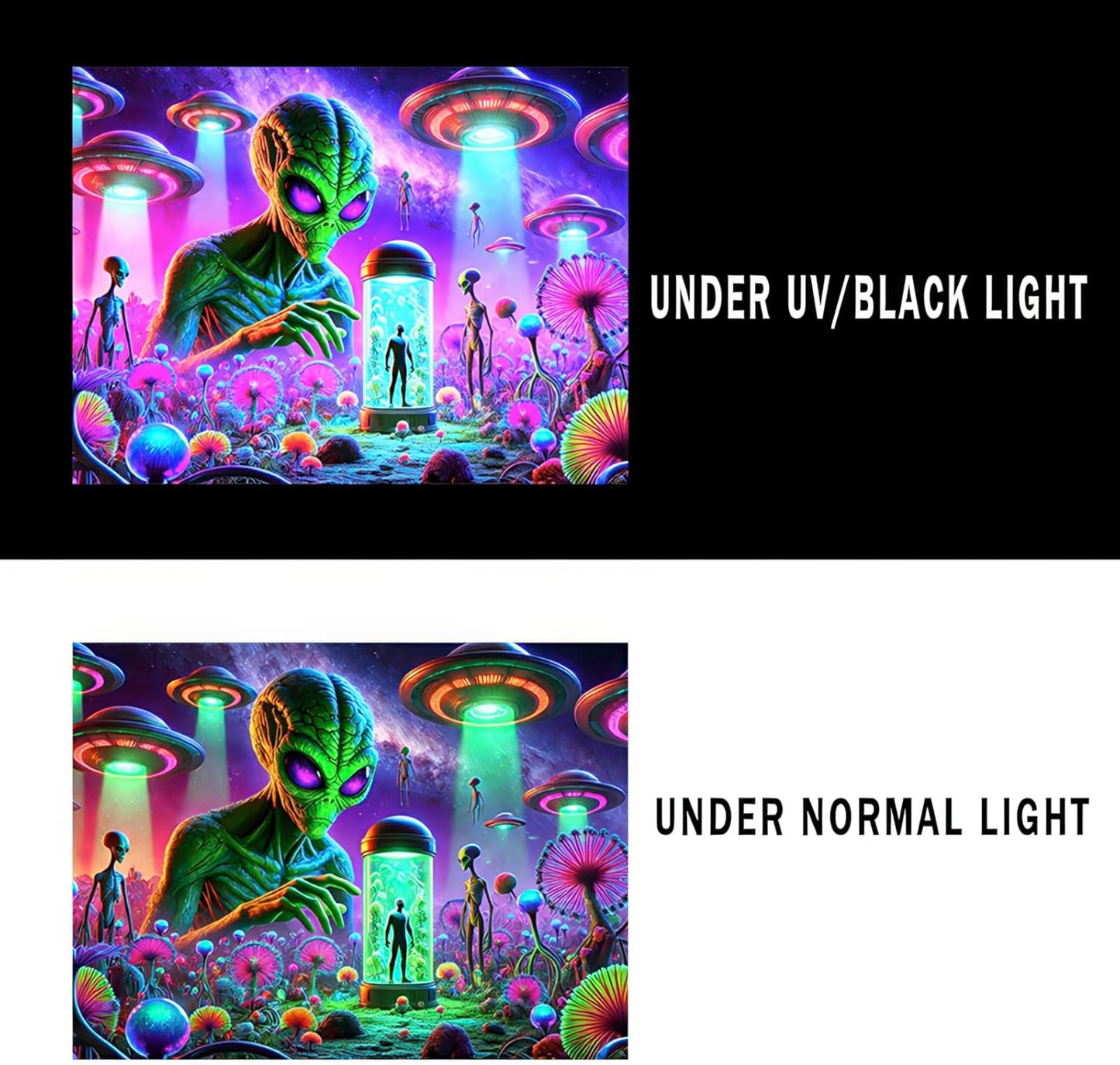 BlissYard Neon Alien UFO Black Light Tapestry Cosmic Sci Fi Mushroom Planet UV Reactive Psychedelic Space Blacklight Tapestry Wall Hanging for Bedroom Living Room Dorm Game Room Party Decor 78x59 Inch