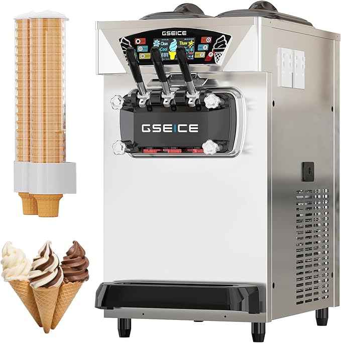 Commercial Ice Cream Maker, 6.8-8.4 Gal/H, 2 * 8L Hopper 110V Countertop Soft Serve Ice Cream Machine, 3 Flavors Puffing Alarm Pre-Cooling For Shops Cafes Dessert Stores, Auto Clean & Touch Screen