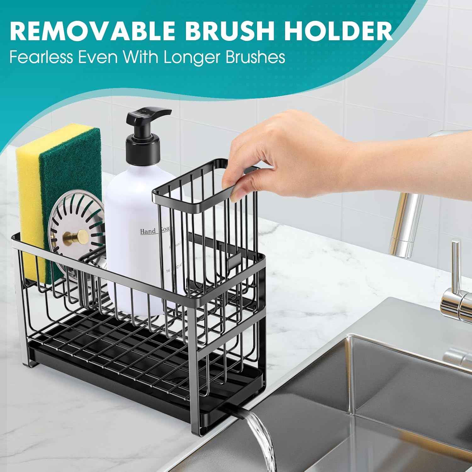 Sinnsally Kitchen Sponge Holder,Sink Caddy Organizer with High Brush Holder,Stainless Steel Sink Box Dish Scrubber Holder,Soap Tray for Kitchen Counter Accessories & Storage Rack(2 Tier - Black)