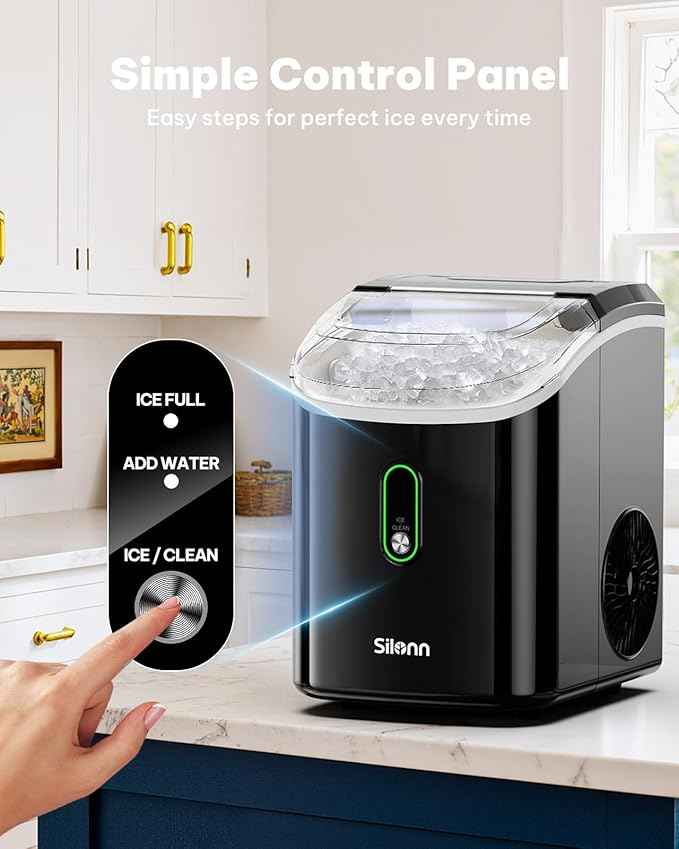 Silonn Nugget Ice Maker Countertop, Pellet Ice Machine with Self-Cleaning Function, Sonic Ice Maker Produces 33lbs of Chewable Ice in 24 Hours, Ideal for Home Kitchen and Office (Black)