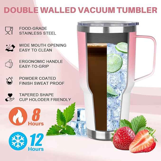 30 oz Stainless Steel Insulated Tumbler with Handle, Double Wall Vacuum Insulated Coffee Mug Tumbler, Thermal Cup for Cold and Hot (Pink White)