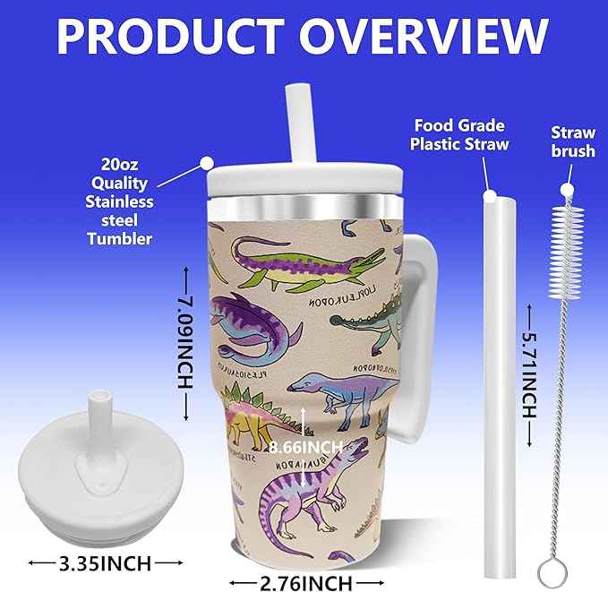 20-OZ Insulated Water Bottle,Insulated Stainless Steel Tumbler,Reusable Cold Drink Thermos,BPA-Free, Double-Wall Stainless Steel Water Bottle (Cream-Dinosaur, 20, Fluid Ounces)
