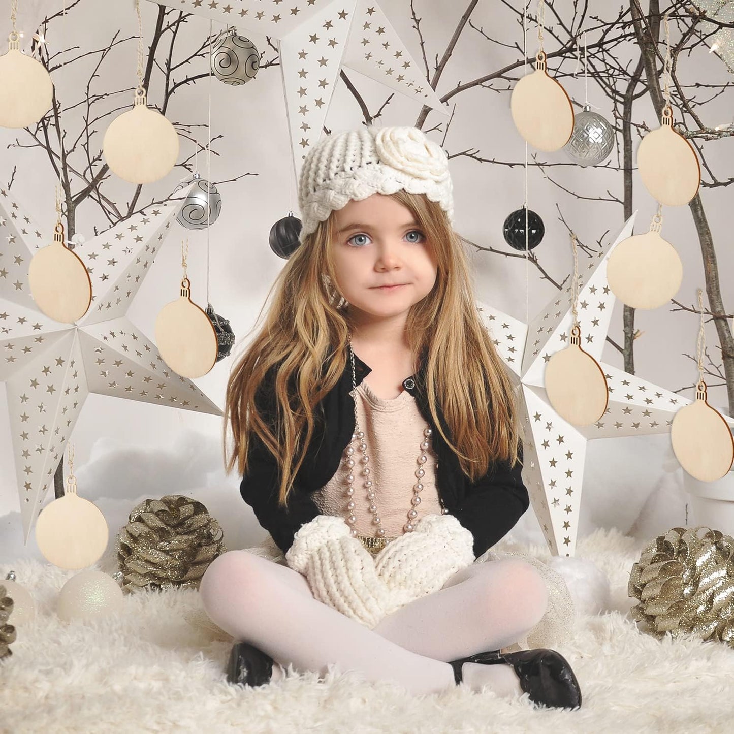 Blulu 100 Pieces Christmas Wooden Ornaments Star Round Wood Slices Wood Snowflake Angel Shape Christmas Tree Hanging Embellishments with 100 Pieces Cords (Style 3)