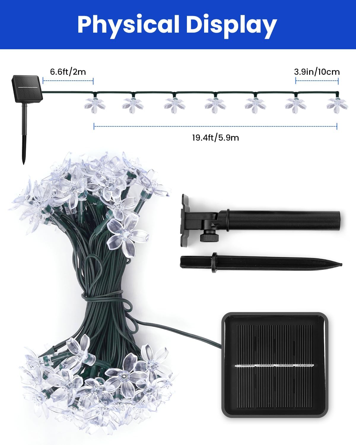 Brightown 60 LED Solar Flower String Lights for Outside Waterproof Fairy Lights for Garden Yard Fence Patio Christmas Tree Wedding Party Decor, Blue