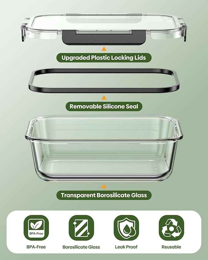 KEMETHY 40 PCS Glass Food Storage Containers with Lids(20 Container & 20 Lid), Borosilicate Glass Meal Prep Containers for Kitchen Storage and Organization, BPA-Free, Leak Proof, Reusable