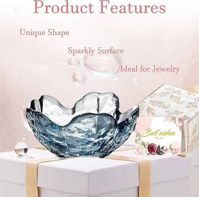 Binoster Blue Flower Glass Ring Dish Jewelry Tray Ring Holder Dish Cute Room Decor Vanity Organizer for Nightstand or Bathroom Aesthetic Trinket Dish Gift for Wife Mom Daughter