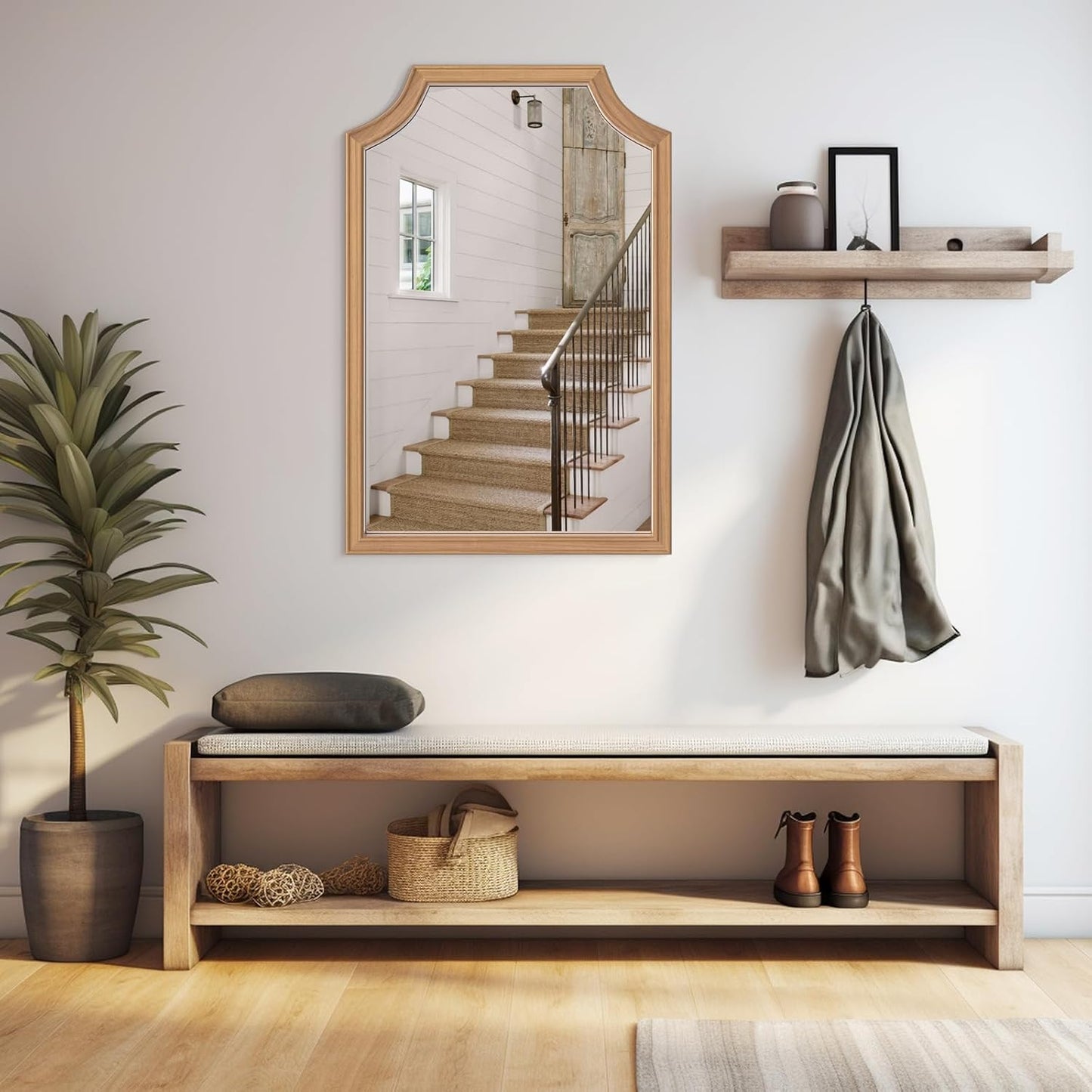 WallBeyond Scalloped Wood Mirror for Small Bathroom Vanity 20x30 Inch Rectangle Wall Mirror Decor for Hallway Bedroom Living Room Home (Honey-Colored)