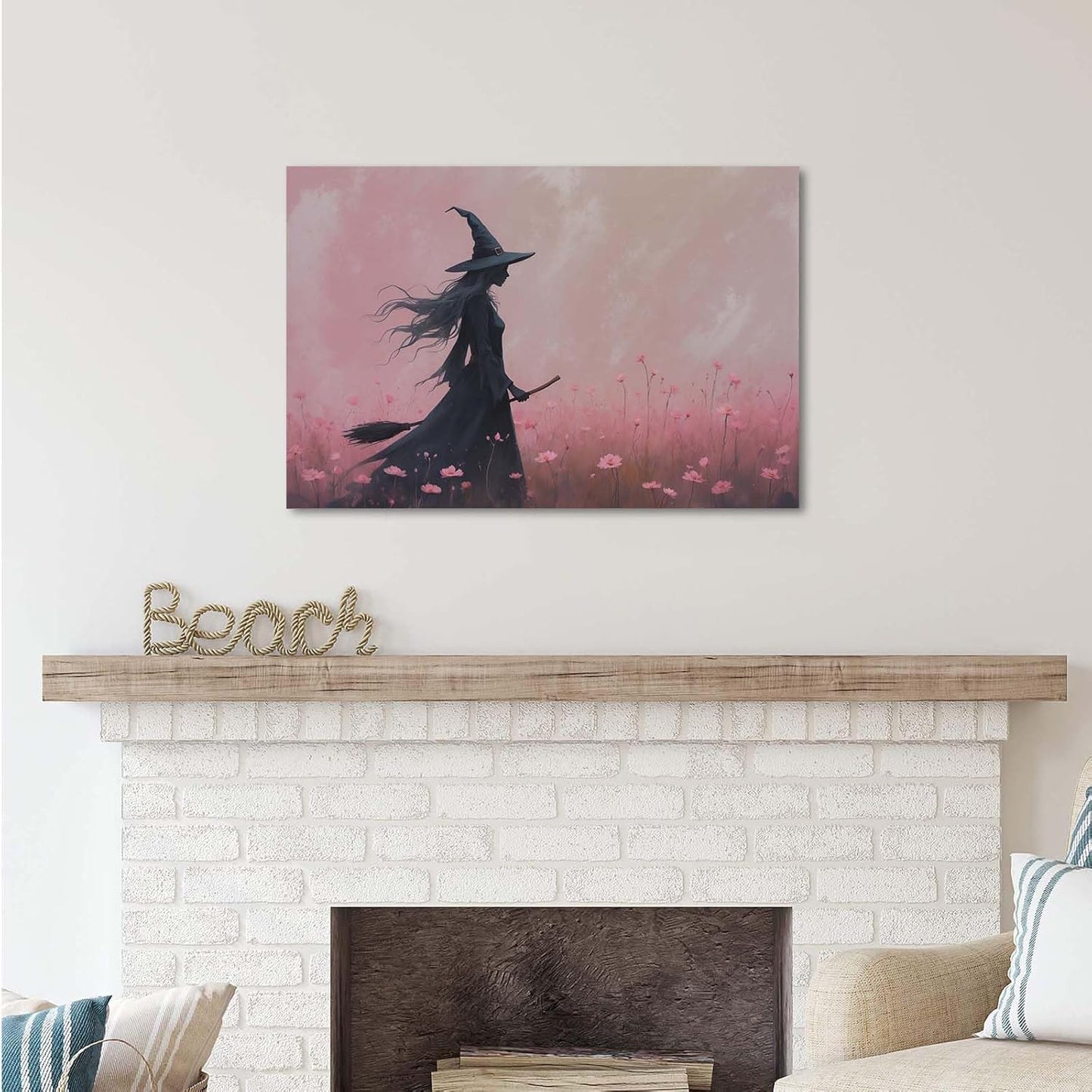 JFHCQJPK Witch in the pink sea of flowers Halloween prints weird flowers wall art silhouette painting fashionable romantic decoration suitable for bedroom32x48in Frameless