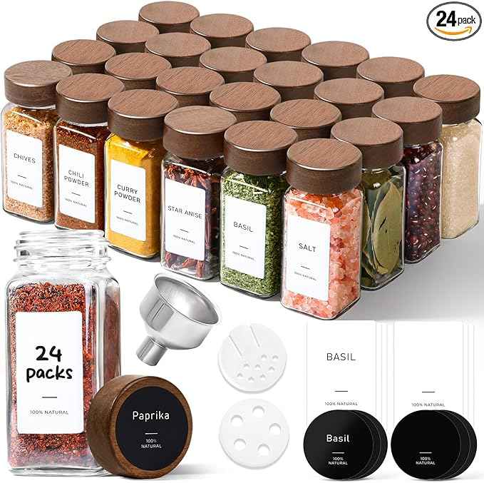ComSaf 24Pcs (4Oz) Glass Spice Jars with Label, Airtight Seasoning Containers with Lid for Home Cooks to Organizing Herbs, Sugar, Pepper, Salt, Glass Spice Bottles Organize Cabinet & Drawer