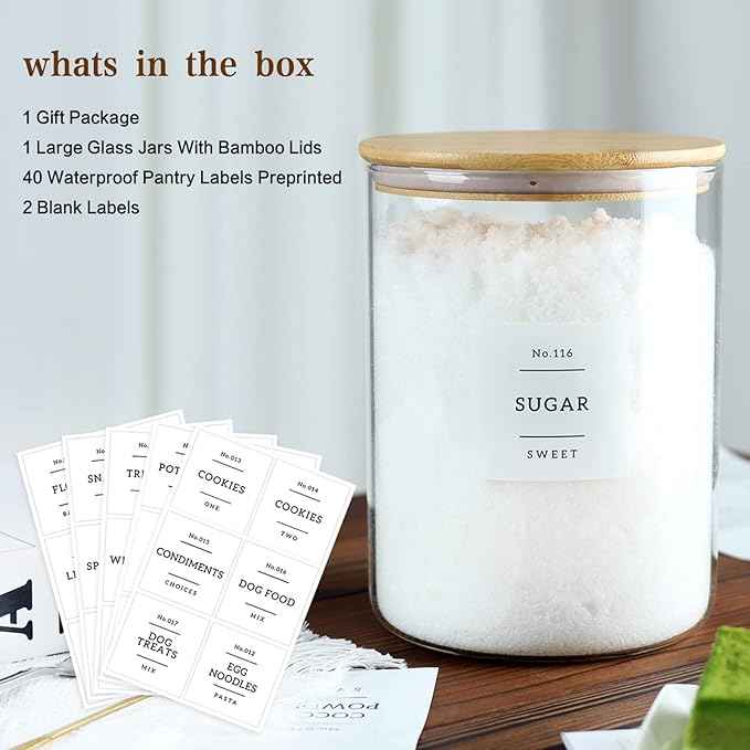 CZSZYGHBAO Large Glass Flour and Sugar Containers Jars with Bamboo Airtight Lid - 100 Fl Oz (3000ml) with Kitchen 42 Pantry Labels for Dry Food, Flour, Pasta, Cereal