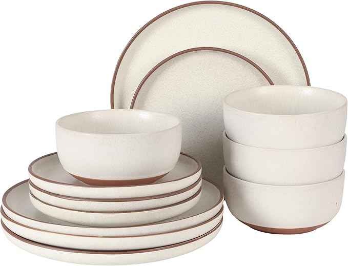 Gibson Elite Abbey Circle 12 Piece (Service for 4) Plates and Bowls Reactive Matte Glaze Dishes Stoneware Ceramic Dinnerware Set - White