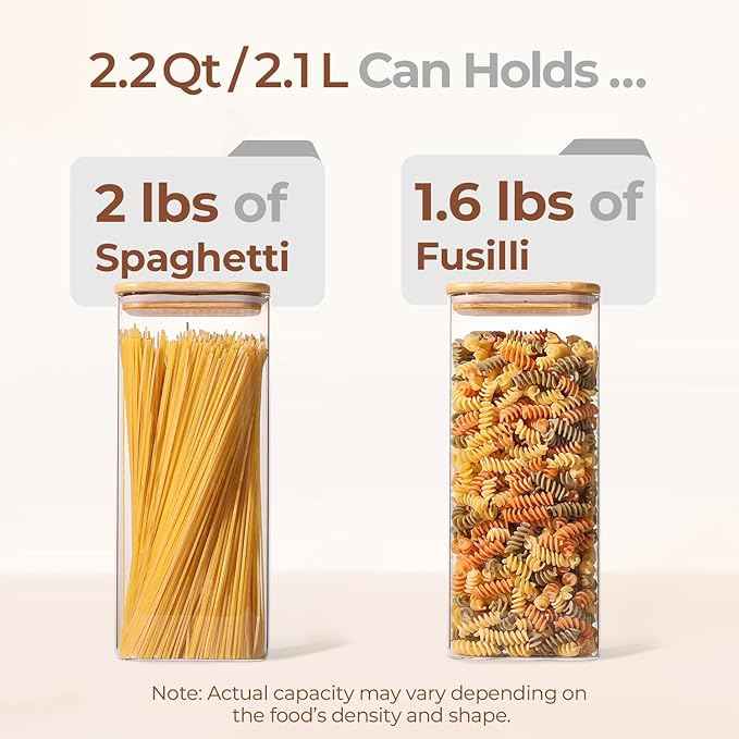 ComSaf 2.2 Qt Rectangle Glass Storage Containers with Lids, Glass Jars with Bamboo Lids, Clear Food Storage Jar, Tall Spaghetti Container, Pantry Storage Container for Pasta Flour Oats Nuts Rice