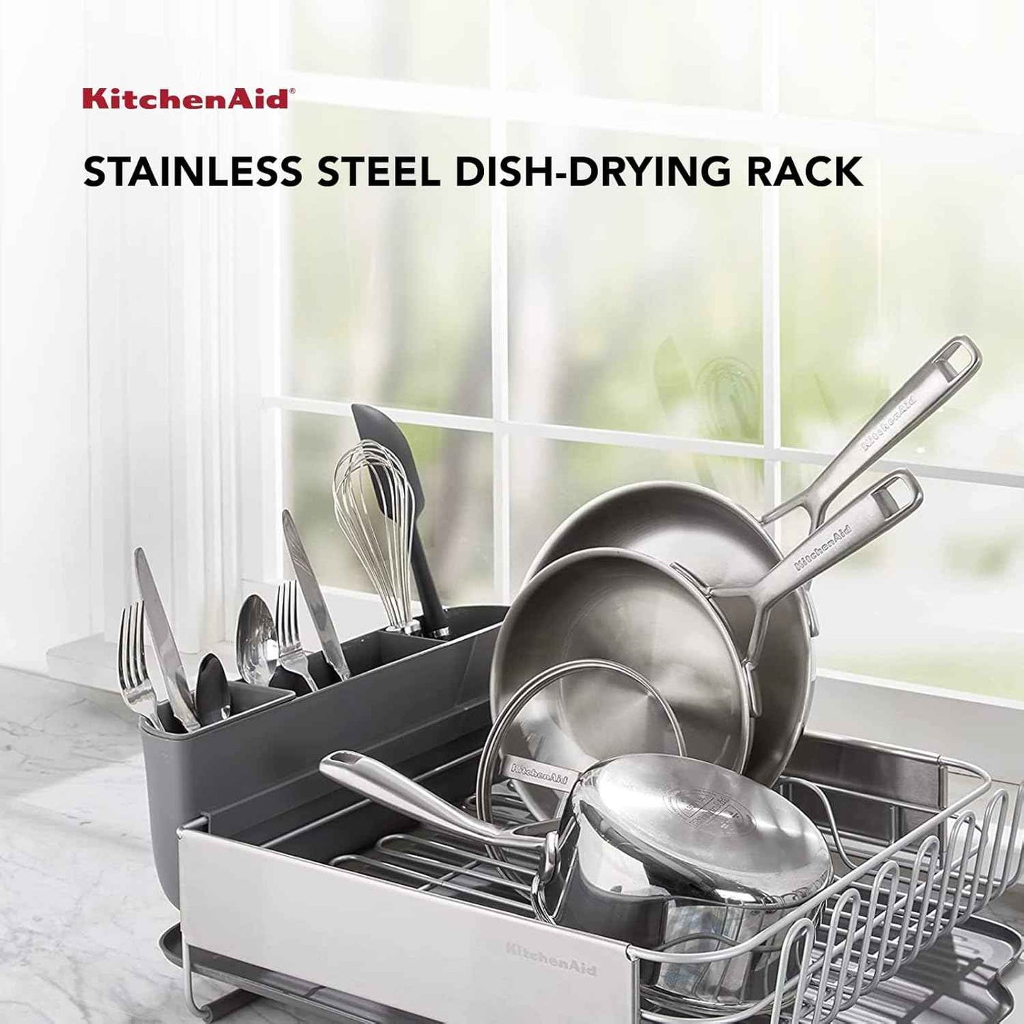 KitchenAid Large Capacity, Fully Size Self Draining Rust Resistatant Satin Coated Dish Rack with Removable Flatware Caddy 20.47-Inch, Gray