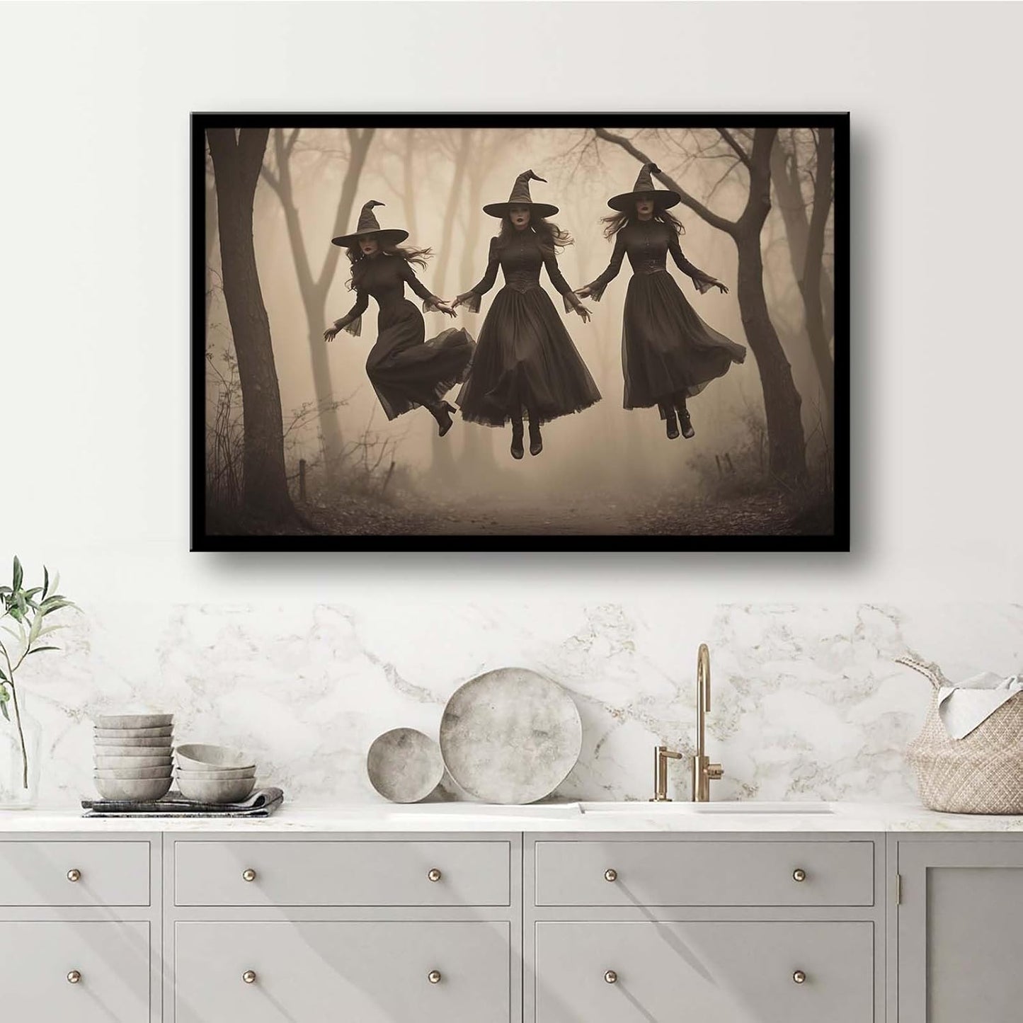 JFHCQJPK Three ghost witches flying in vintage forest gothic wall art witchcraft decoration holiday gift canvas wall art print12x16in Metal blackFramed