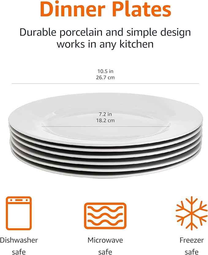 Amazon Basics 6-Piece White Dinner Plate Set, Microwave and Dishwasher Safe for Everyday Use, 10.5 inches