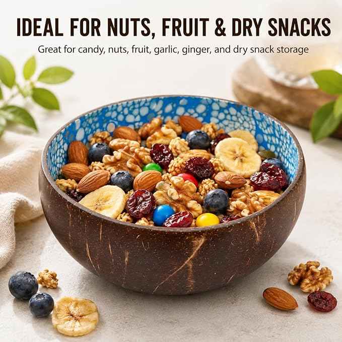 ChezMax Natural Coconut Bowl with Mother of Pearl Inlaid Shell - Handcrafted Home Decoration, Entryway Table Key Bowl or Candy Container, Fruit and Nuts Holder (Blue)
