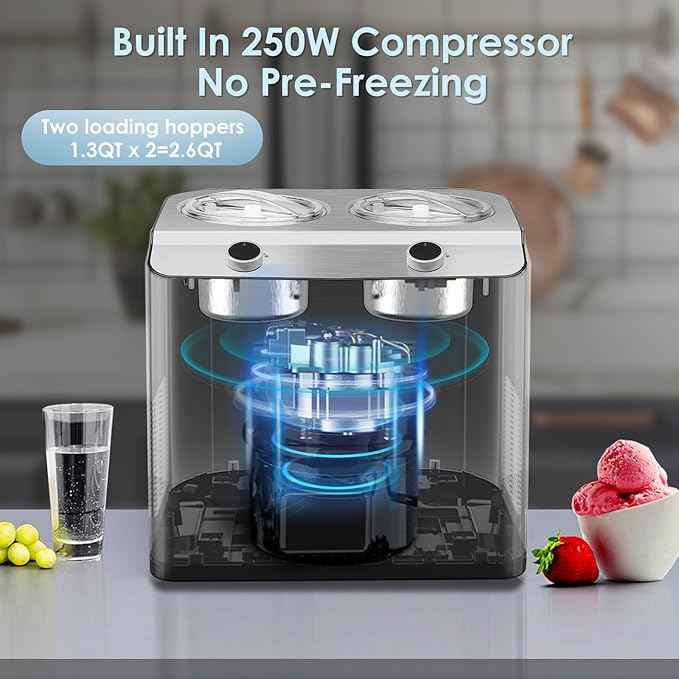 Homtone 2 Flavor Ice Cream Maker,Automatic Compressor Ice Cream Maker Machine with 2 Bowls,2.6QT (2 x 1.3qt) Largest Capacity & Fastest Freezing Ice Cream Machine, 3 Modes, Keep Cool Function