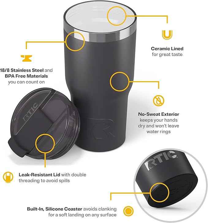 RTIC 20oz Essential Tumbler with Lid, Ceramic Lined, Insulated, Stainless Steel, Metal, Double Wall Vacuum-Insulation, Travel Cup for Iced Coffee, Tea, Hot and Cold Drink, Graphite