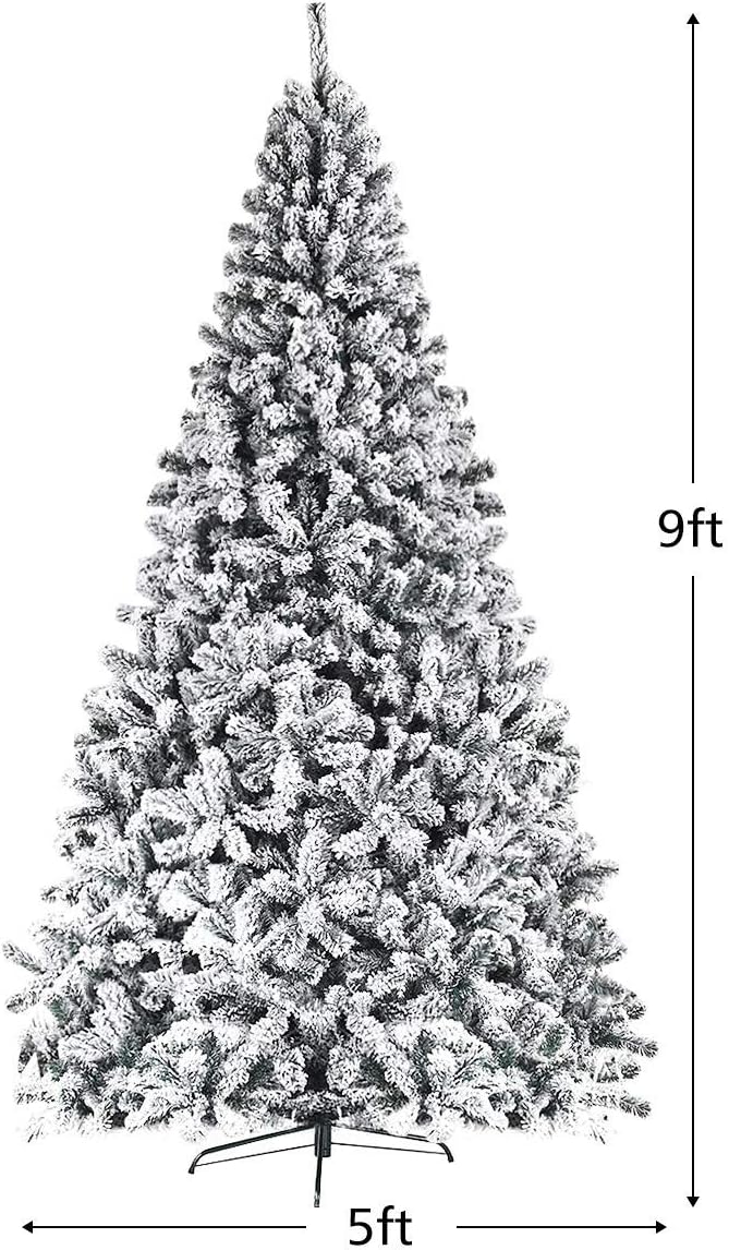 9FT Snow Flocked Christmas Tree, Artificial Pine Tree w/Premium PVC Needles & Solid Metal Stand, Xmas Full Tree for Indoor and Outdoor