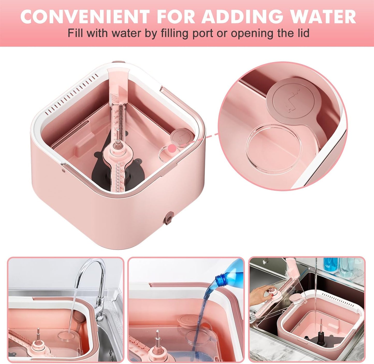 Upgraded Spin Mop and Bucket Self-Standing Mop Bucket Separate Dirty and Clean Water System Self Wringing 360° Rotating & 90° Foldabl Mops and Buckets for Floor Cleaning (Pink, 10Pads)