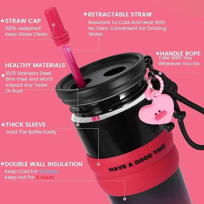 24 oz Stainless Steel Tumbler with Straw, Water Bottle Leak Proof for Hot and Cold, Pink Black Insulated Coffee Travel Mug, Ceramic Lined Tumbler, Reusable Thermal Coffee Cup Gift for Women