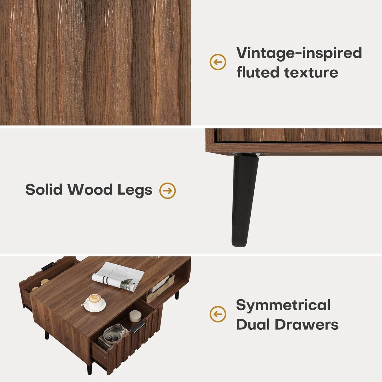 Mid Century Modern Coffee Table with Grooved Drawers & Open Storage, 47" MDF Walnut Wood Center Table with Black Solid Wood Legs, Retro Living Room Furniture