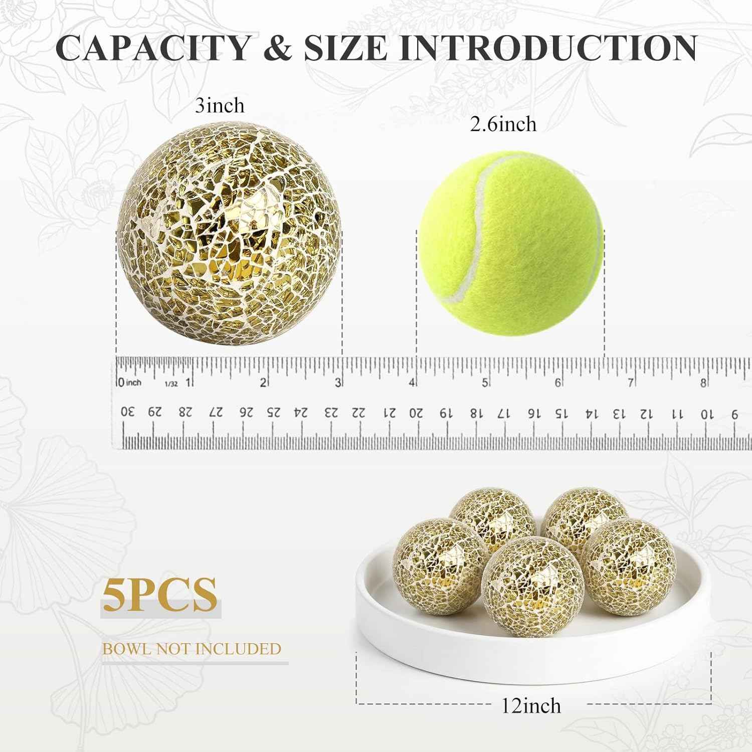 HAKACC 5PCS Decorative Balls for Bowls, 3 inch Gold Orbs Glass Balls for Centerpiece Bowls Mosaic Sphere for Home Decoration Dining Table