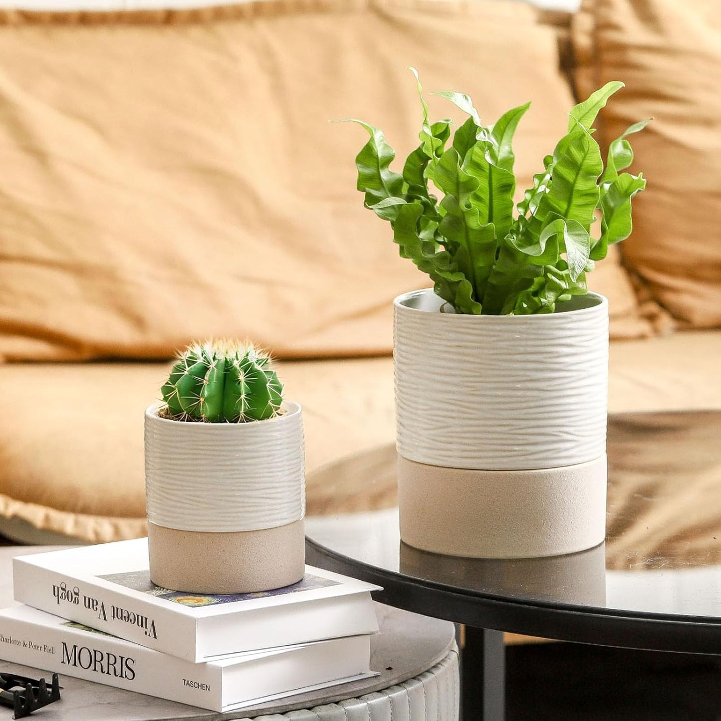 Nihow Self Watering Plant Pot: 4.5 Inch Ceramic Planter with Drainage Hole & Water Storage Plus for Indoor & Outdoor Plants - Cylinder Flower Pot for Herbs/Violets - White & Brown