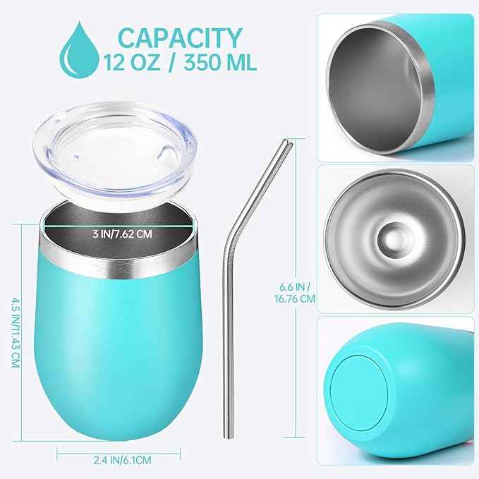 Volhoply 12oz Stainless Steel Wine Tumbler with Lid Bulk 4 Pack,Double Wall Vacuum Stemless Wine Glasses,Reusable Metal Travel Coffe Mug with Straw,Insulated Cup Gifts for Women,Christmas（Green,4 Set）