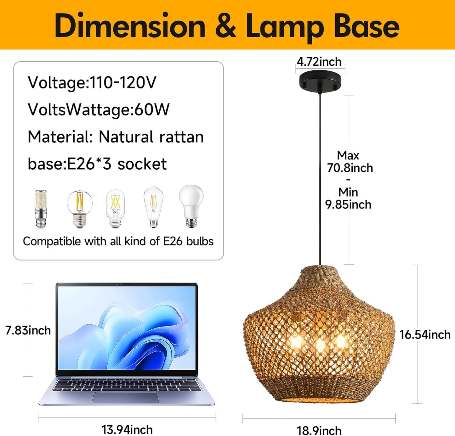 18.9”Boho Wicker Large Pendant Light,3-Light Rattan Chandelier, Hand-Woven Seagrass Farmhouse Fixture, for Kitchen Island Bedroom Dining Living Entrance Halls.