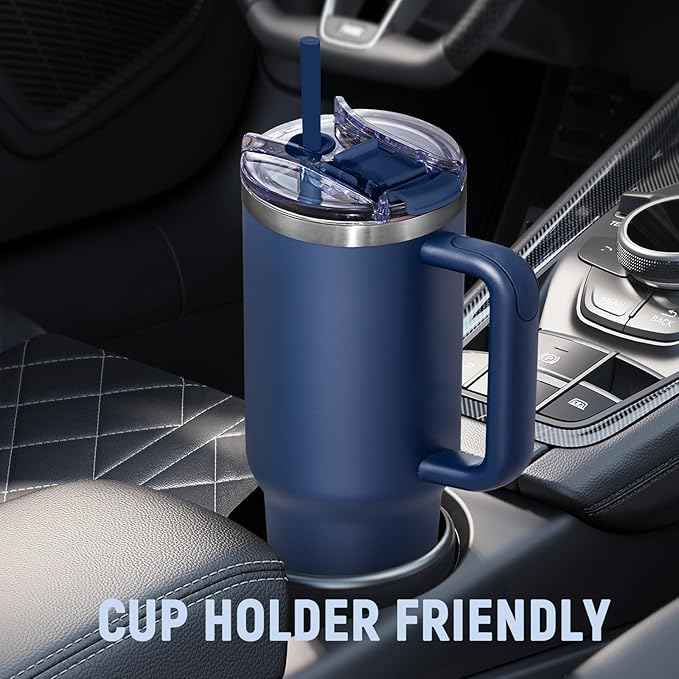 COKTIK 40 oz Tumbler With Handle and Straw, Insulated Tumbler With Leakproof Lids, Stainless Steel|BPA-Free, Cold for 24 H (Navy)