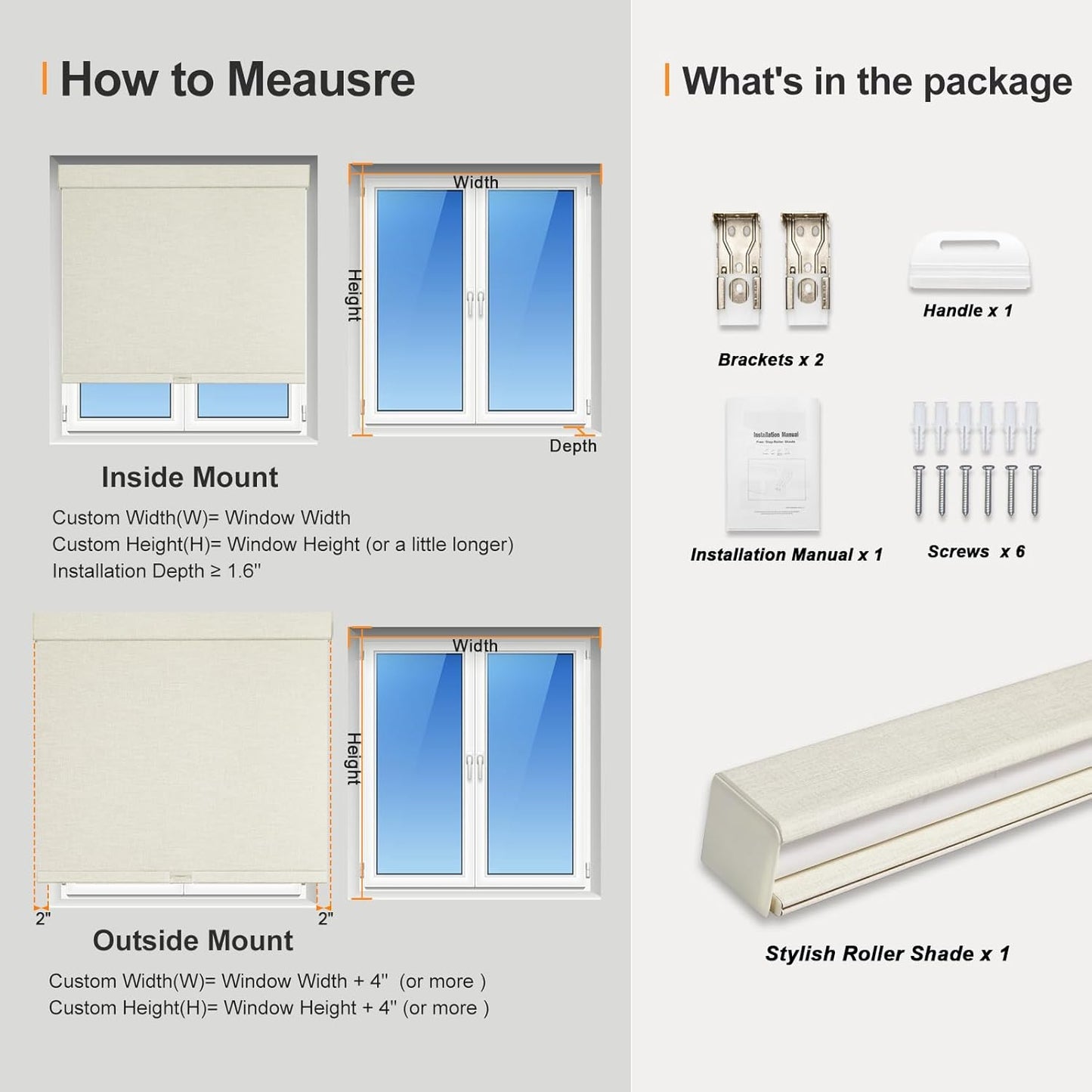 Persilux Blackout Shades for Windows Cordless Roller Blinds, Roller Windows Shades for Home with Fabric Attached Valance, UV Protections Easy Installation for Door/Office, Limestone(82.5" W x 72" H)