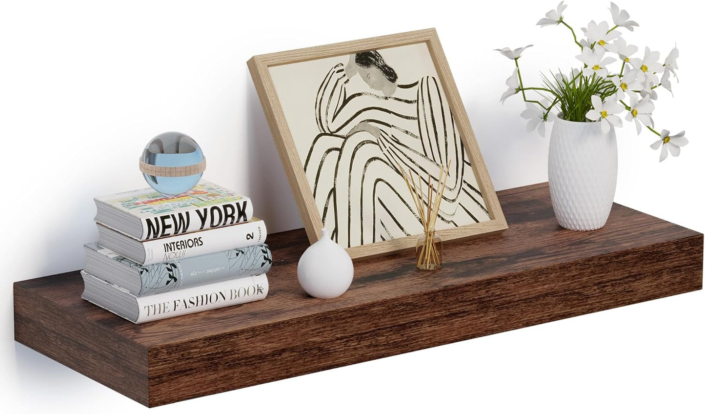 Heimlove 24 x 12 Inch Deep Floating Shelves Wall Mounted with Invisible Brackets,Storage Hanging Shelf for Wall Decor in Bathroom, Bedroom, Kitchen, Living Room, Office Set of 1 (Rustic Brown)