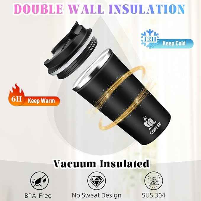 17oz Insulated Travel Coffee Mug with Flip Lid ¨C Leakproof Stainless Steel Insulated Coffee Tumblers, Reusable Coffee Cup for Hot & Cold Drinks, Perfect for Camping & On-the-Go
