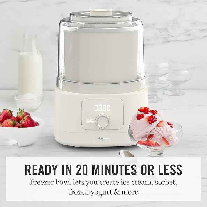 Martha Stewart Ice Cream Maker, 2 Quart Double-Insulated Freezer Bowl, Sorbet & Frozen Yogurt, Ready in 20 Minutes, Mix-Ins Chute, Easy to Clean, Linen White