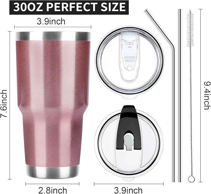 30 oz Tumbler with Lids and Straws Double Wall Vacuum Insulated Tumbler Cup,Stainless Steel Leak-proof Thermal Tumbler Travel Coffee Mug for Cold and Hot Drinks,Rose Gold