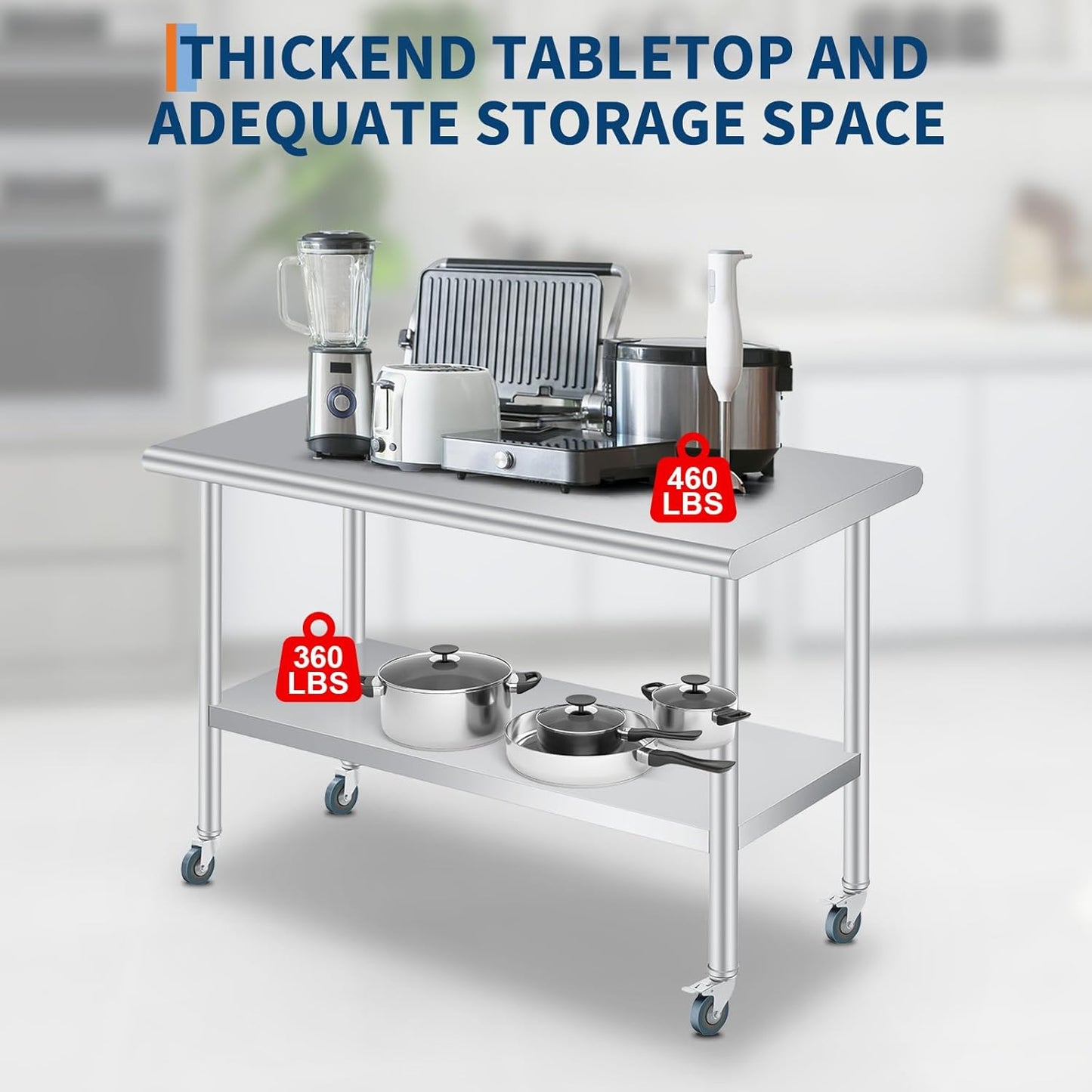 Stainless Steel Prep Table, 30x 60 Inches Heavy Duty Commercial , with Rounded-Corner, Adjustable Undershelf and 4 Caster Wheels, Heavy Duty Work Table with Adjustable Under Shelf for Outdoor, Res