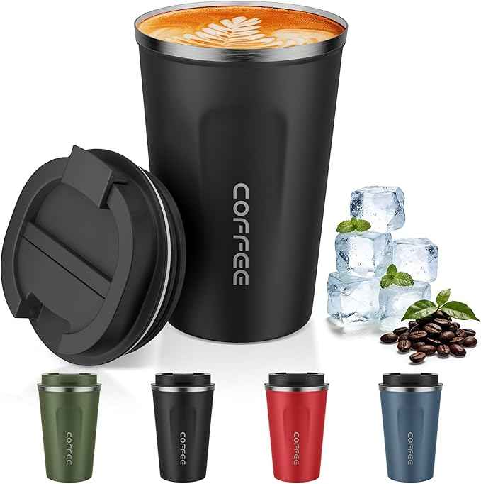 MOMSIV 12oz Travel Mug, Insulated Coffee Cup with Leakproof Lid, Vacuum Stainless Steel Double Walled Reusable Tumbler for Hot and Cold Water Coffee and Tea In Travel and Car Black
