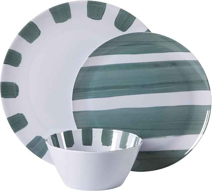 Gibson Home Cottage Stripes 12-Piece Melamine Plates and Bowls Dinnerware Set - Outdoor, Camping, & Everyday Use - Assorted Colors