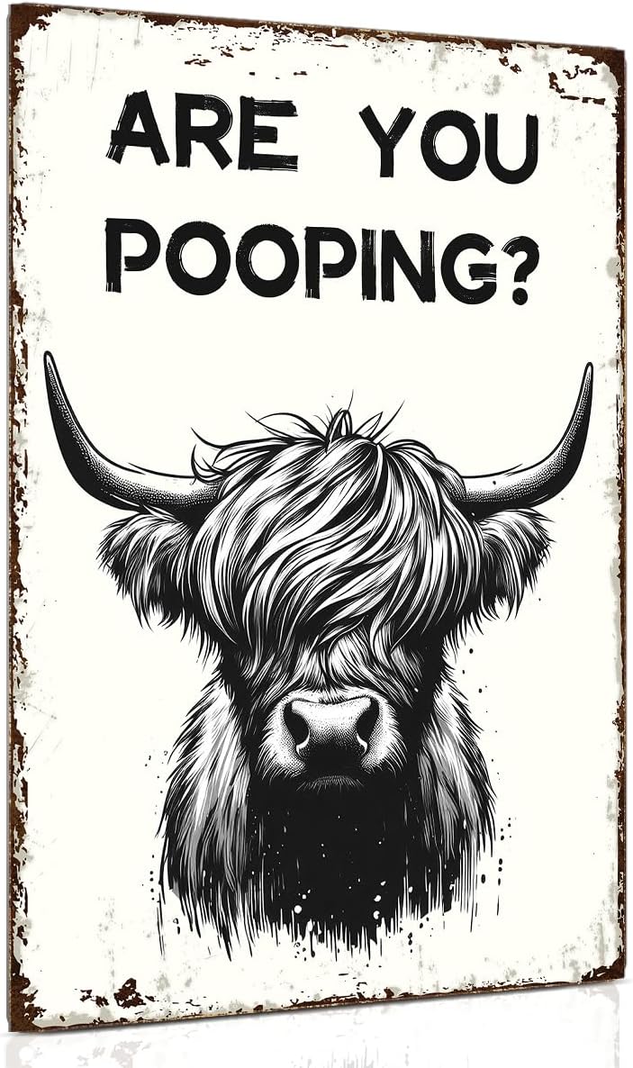 ALKB Funny Highland Cow Are You Pooping Metal Signs Vintage Farmhouse Bathroom Wall Decor Highland Cow Lovers Gift 8 x 12 Inch